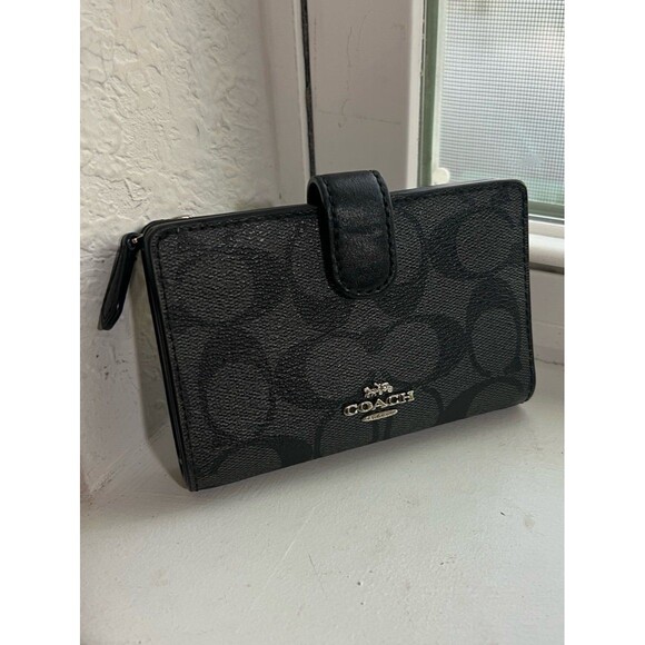 Coach Handbags - Coach F23553 Signature Monogram Medium Corner Zip Wallet in Black and Gray